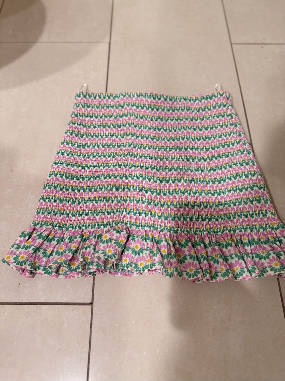 Zara Pink & Green Smocked Floral Ruffle Mini Skirt